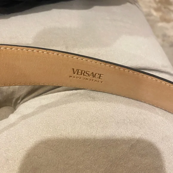 Black genuine top quality leather with gold logo VERSACE spelled front Buy Versace Black/Gold Monogram Fabric and Leather Madonna  main image 3
